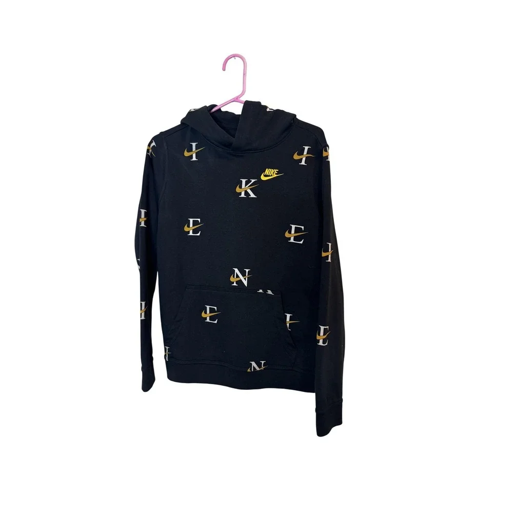 Nike Hoodie Youth XL‎ Black All Over Logo Swoosh Fleece Pullover Sweatshirt
